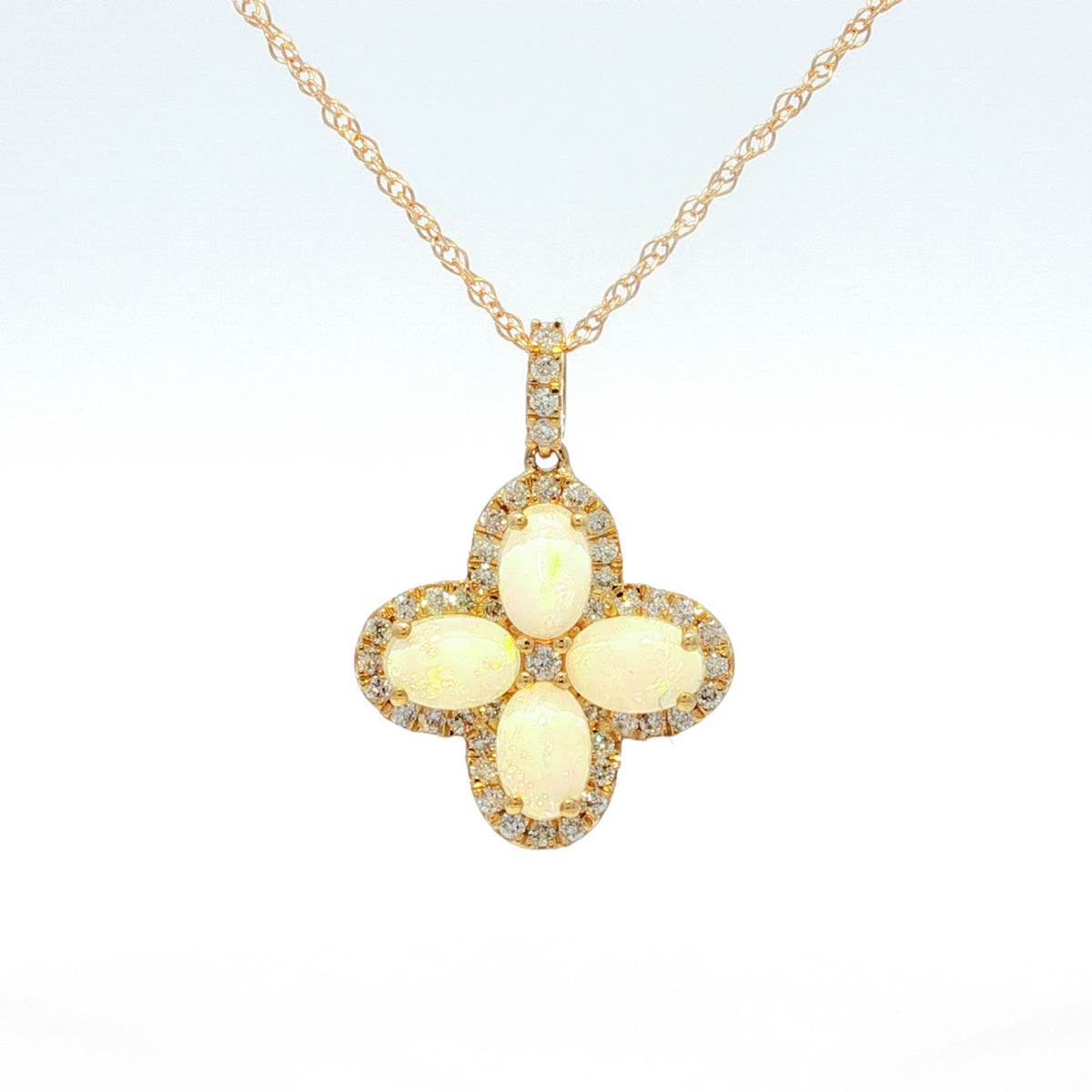1.25 ctw Opal & .40 ctw Diamond 14k Yellow Gold Flower Pendant with Chain