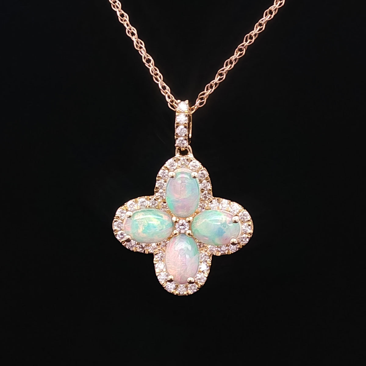 1.25 ctw Opal & .40 ctw Diamond 14k Yellow Gold Flower Pendant with Chain
