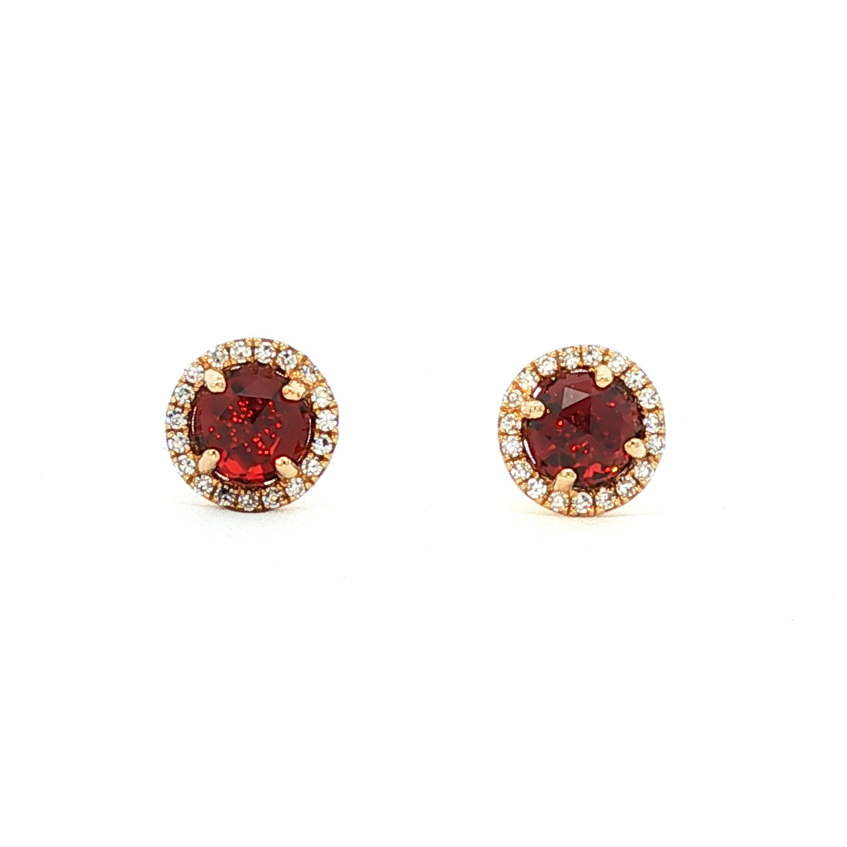 14kt Gold Garnet and Diamond Halo Stud Earrings Yellow,White