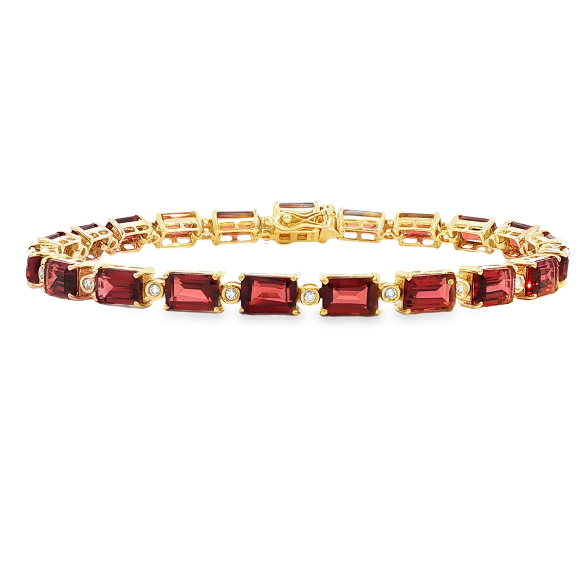 14kt Yellow Gold 16.00 ctw Emerald Cut Garnet and Diamond Bracelet - 7 Inch
