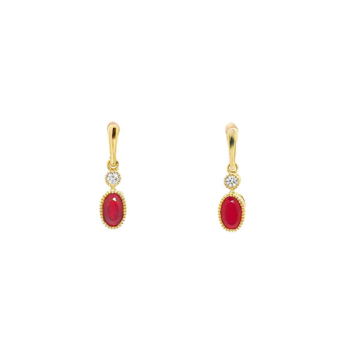 14kt Yellow Gold 0.60 ctw Oval Ruby & 0.05 ctw Diamond Milgrain Drop Earrings