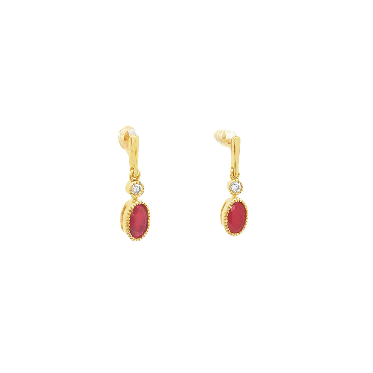 14kt Yellow Gold 0.60 ctw Oval Ruby & 0.05 ctw Diamond Milgrain Drop Earrings