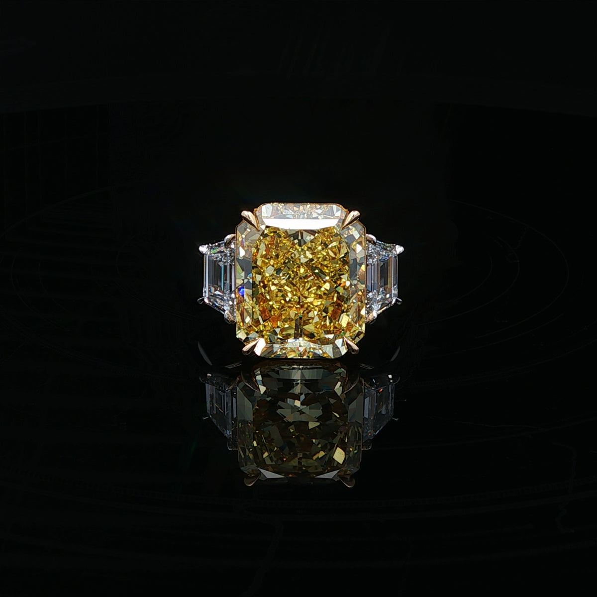 Juleve Platinum & 18kt Gold 8.55 IF Fancy Vivid Yellow Radiant Cut Diamond 3 Stone Ring 5,5.5,6,6.5,7,7.5,8,8.5,9