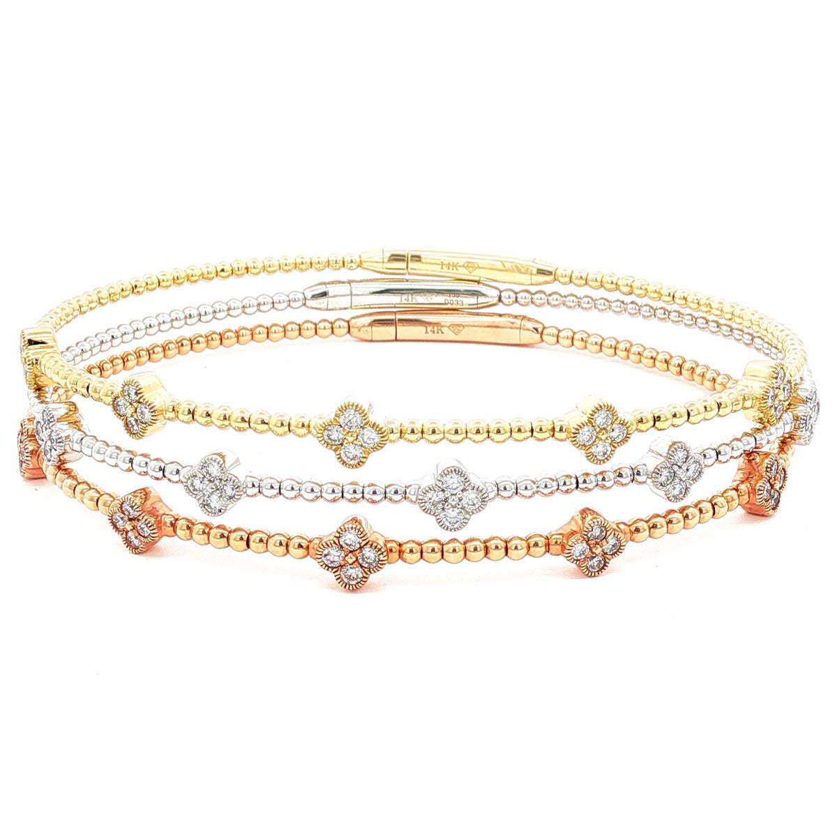 14kt Gold 1/3 ct Diamond Clover Flex Bangle Bracelet White,Yellow,Rose