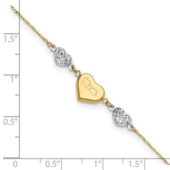 14KT TWO-TONE GOLD PUFFED HEARTS "MOM" ANKLET
