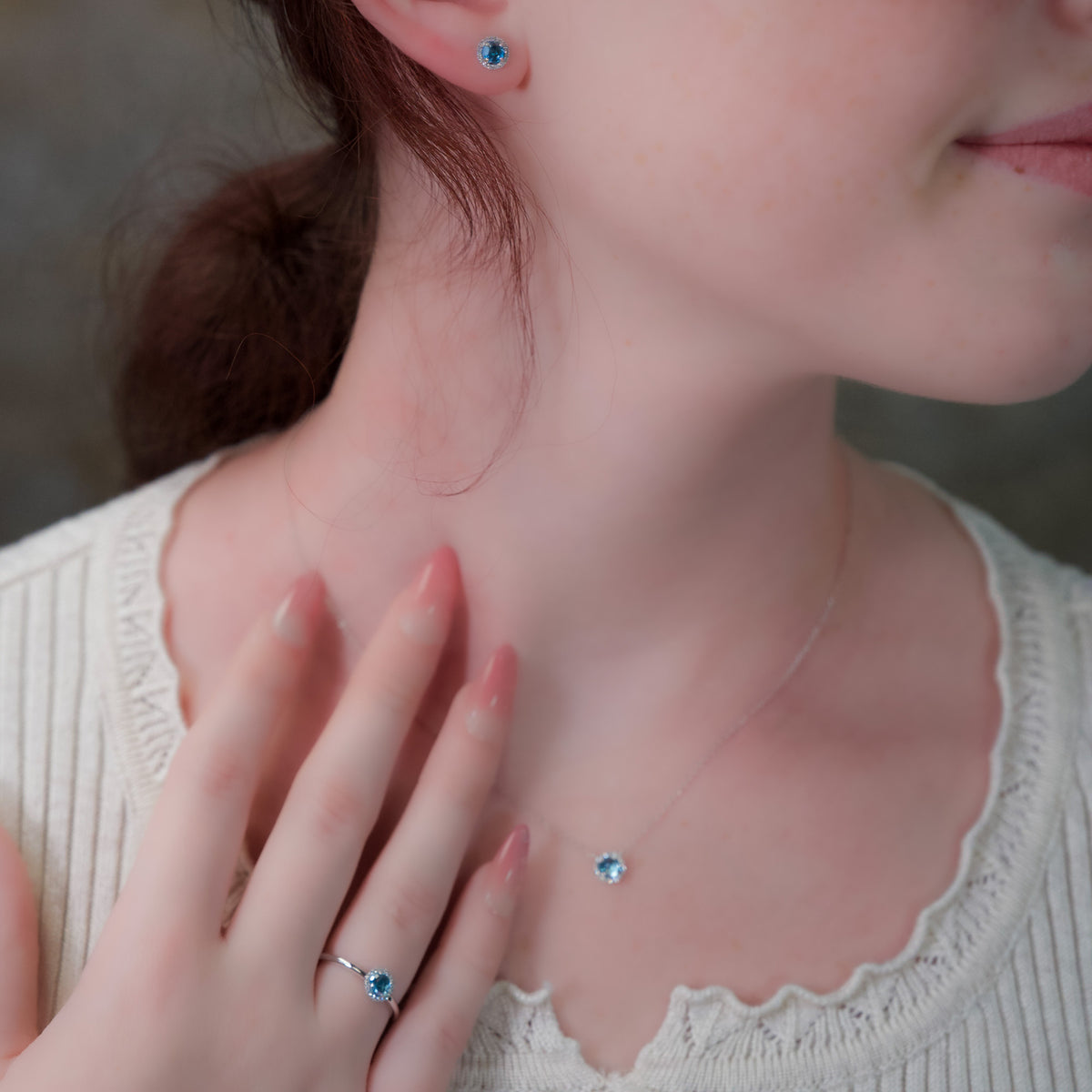 14kt Gold Blue Topaz and Diamond Halo Stud Earrings Yellow,White