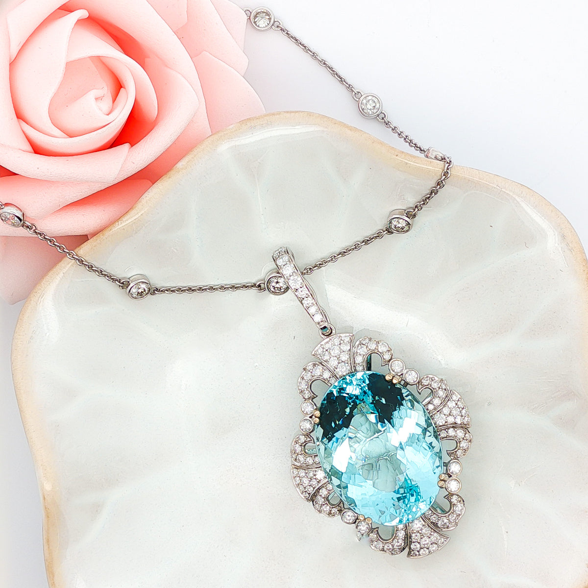Juleve 14kt White Gold 43.21 ct Aquamarine & 1.79 ctw Diamond Filgree Pendant