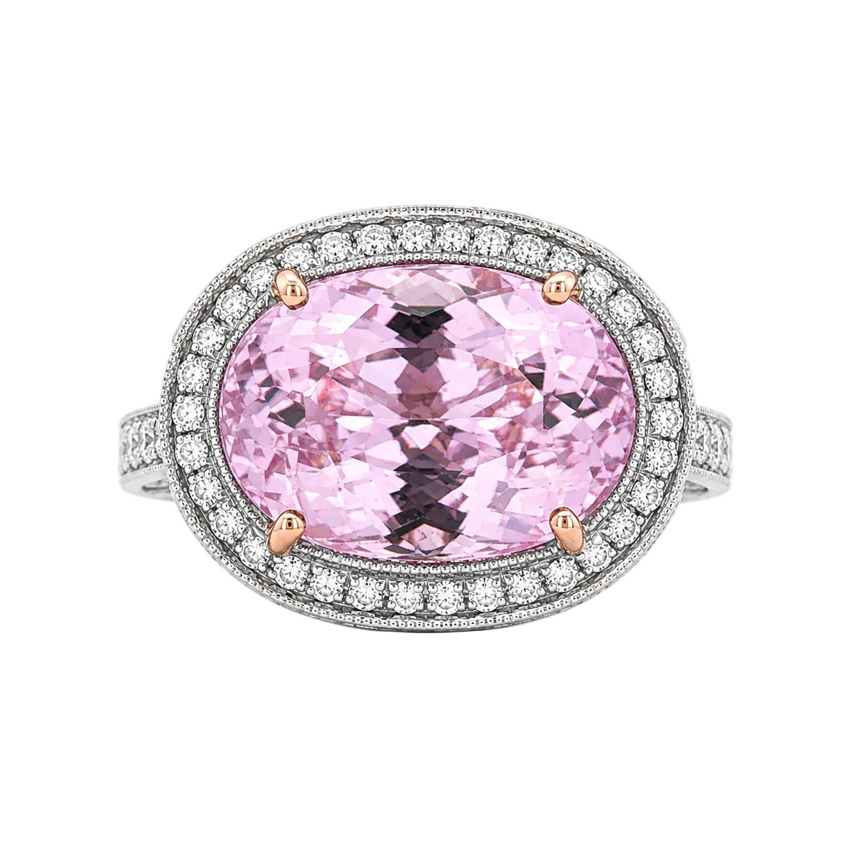 JULEVE 18KT 7.41 CT KUNZITE & 1.22 CTW DIAMOND OVAL HALO RING 4,4.5,5,5.5,6,6.5,7,7.5,8,8.5,9