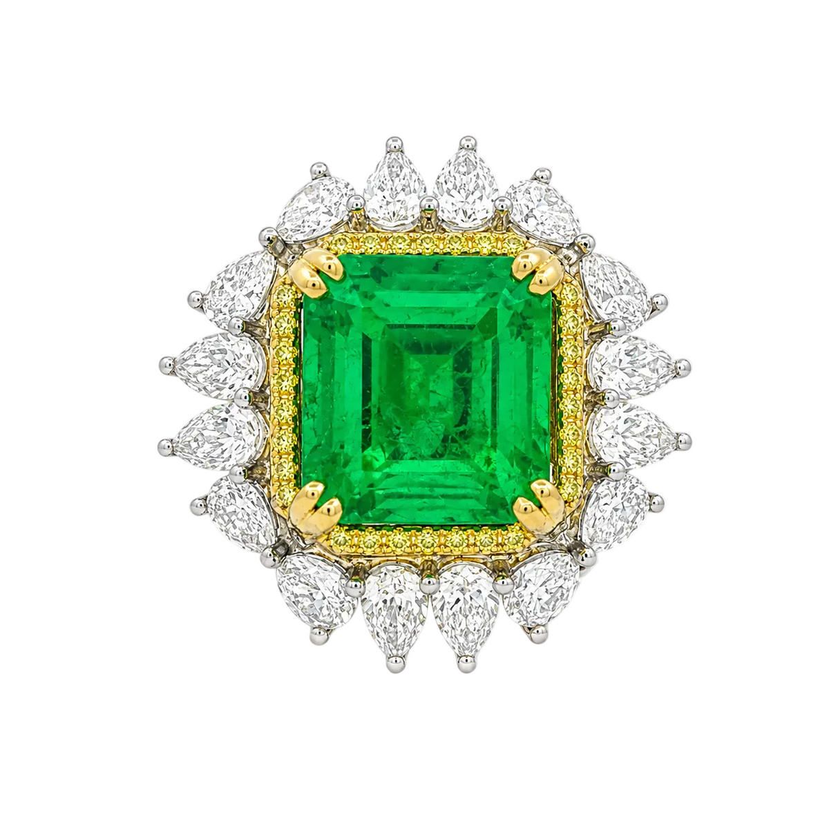 Juleve 18k Yellow Gold and Platinum 6.50 ct Emerald & 3.32 ctw Diamond Ring 6,6.5,7