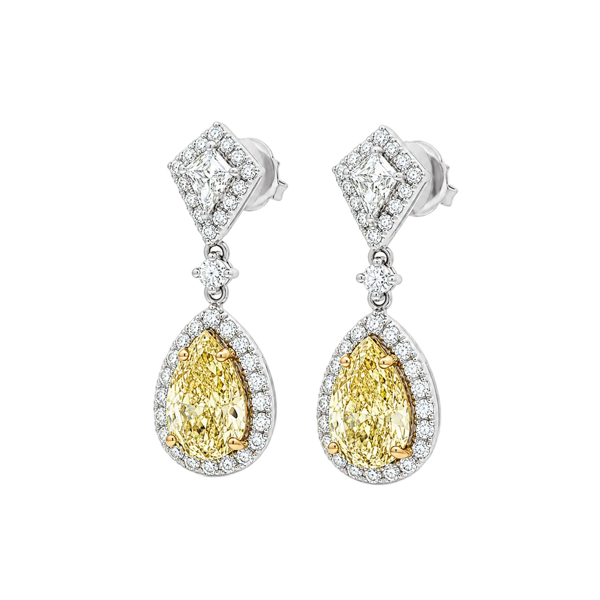 18kt White Gold 6.27 ctw Yellow DIamond & 1.29ctw Diamond Dangle Earrings