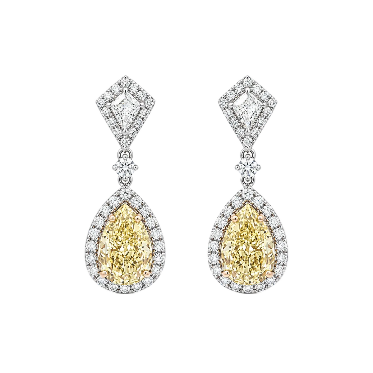 18kt White Gold 6.27 ctw Yellow DIamond & 1.29ctw Diamond Dangle Earrings