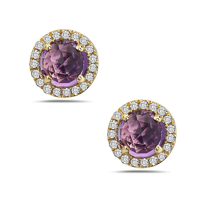 14kt Gold Amethyst and Diamond Halo Stud Earrings Yellow