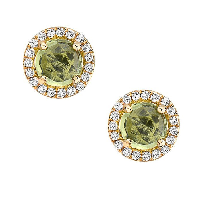 14kt Gold 0.71 ctw Round Peridot & 0.08 ctw Round Brilliant Diamond Halo Earrings Gold