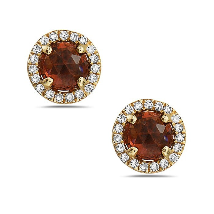 14kt Gold Garnet and Diamond Halo Stud Earrings Yellow,White