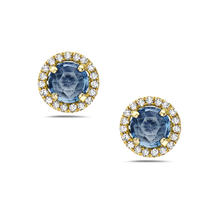 14kt Gold Blue Topaz and Diamond Halo Stud Earrings Yellow,White