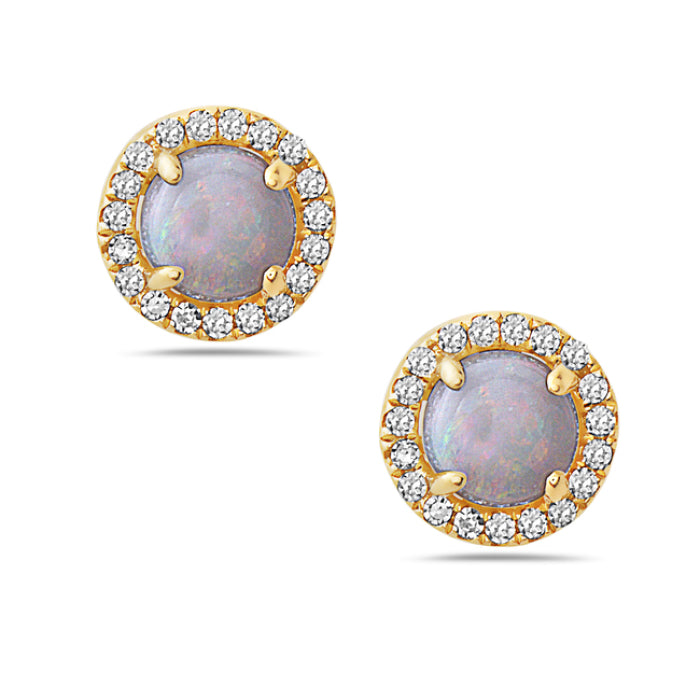 14kt Gold Opal and Diamond Halo Stud Earrings Yellow,White