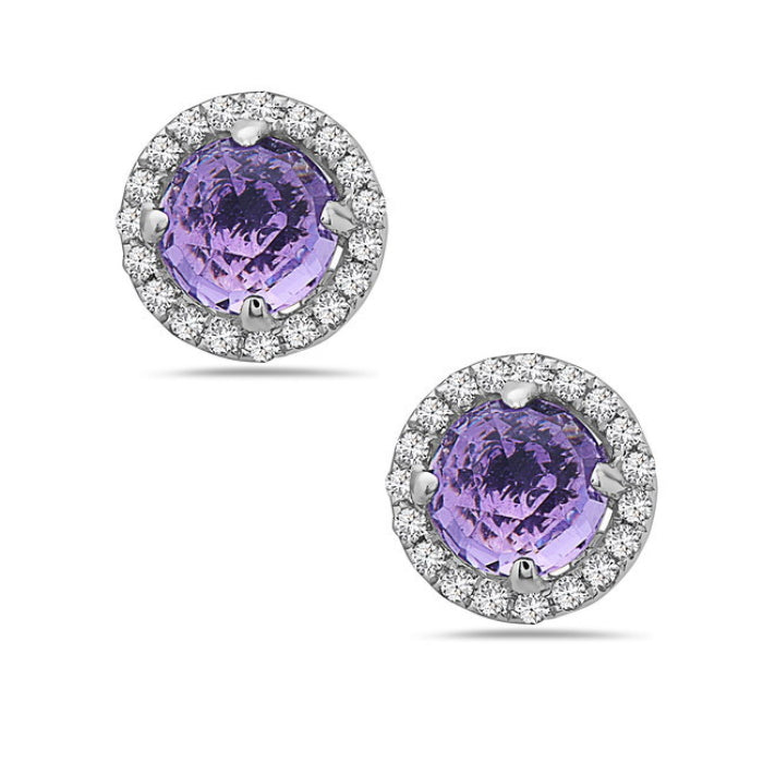 14kt Gold Amethyst and Diamond Halo Stud Earrings White