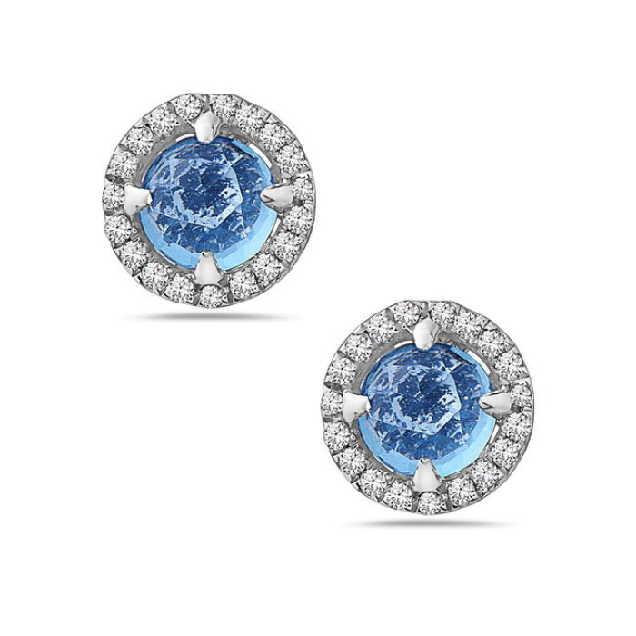 14kt Gold Blue Topaz and Diamond Halo Stud Earrings Yellow,White