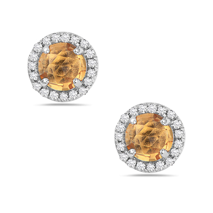 14kt Gold Citrine and Diamond Halo Stud Earrings Yellow,White