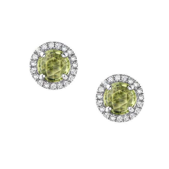 14kt Gold 0.71 ctw Round Peridot & 0.08 ctw Round Brilliant Diamond Halo Earrings White gold