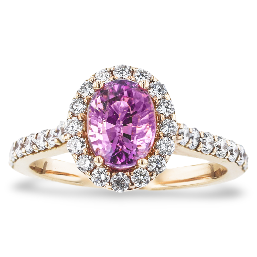 JULEVE 18KT ROSE GOLD 1.55CT PINK TANZANITE 0.65CTW DIAMOND HALO RING