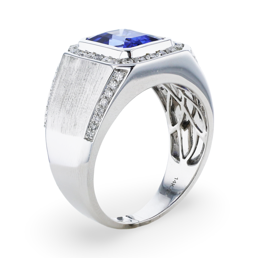 MEN'S 14KT WHITE GOLD 3.75CT TANZANITE & 0.57CTW DIAMOND HALO RING 8,8.5,9,9.5,10,10.5,11,11.5,12,12.5,13