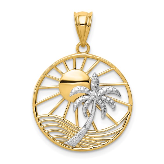 14kt White & Yellow Gold Sun & Palm Tree Pendant