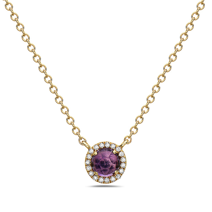 14kt Gold Amethyst & Diamond Halo Necklace Yellow