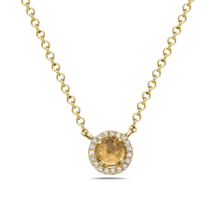 14kt Gold Citrine and Diamond Halo Necklace Yellow,White