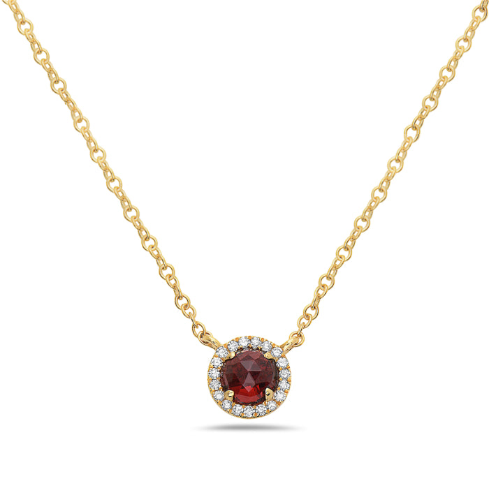 14kt Gold Garnet and Diamond Halo Necklace Yellow,White