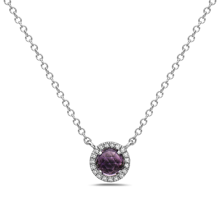 14kt Gold Amethyst & Diamond Halo Necklace White
