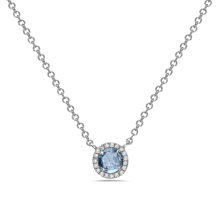14kt Gold Blue Topaz and Diamond Halo Necklace Yellow,White