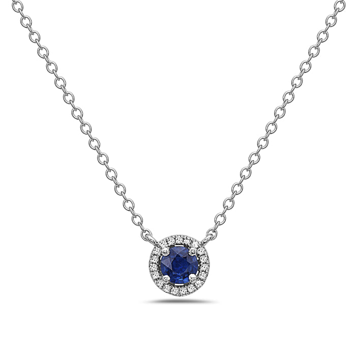 14kt Gold .31 ct Round Sapphire & .05 ctw Diamond Halo Necklace White