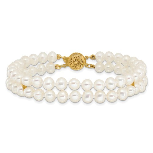 14KT YELLOW GOLD WHITE CULTURED PEARL 2-STRAND BRACELET