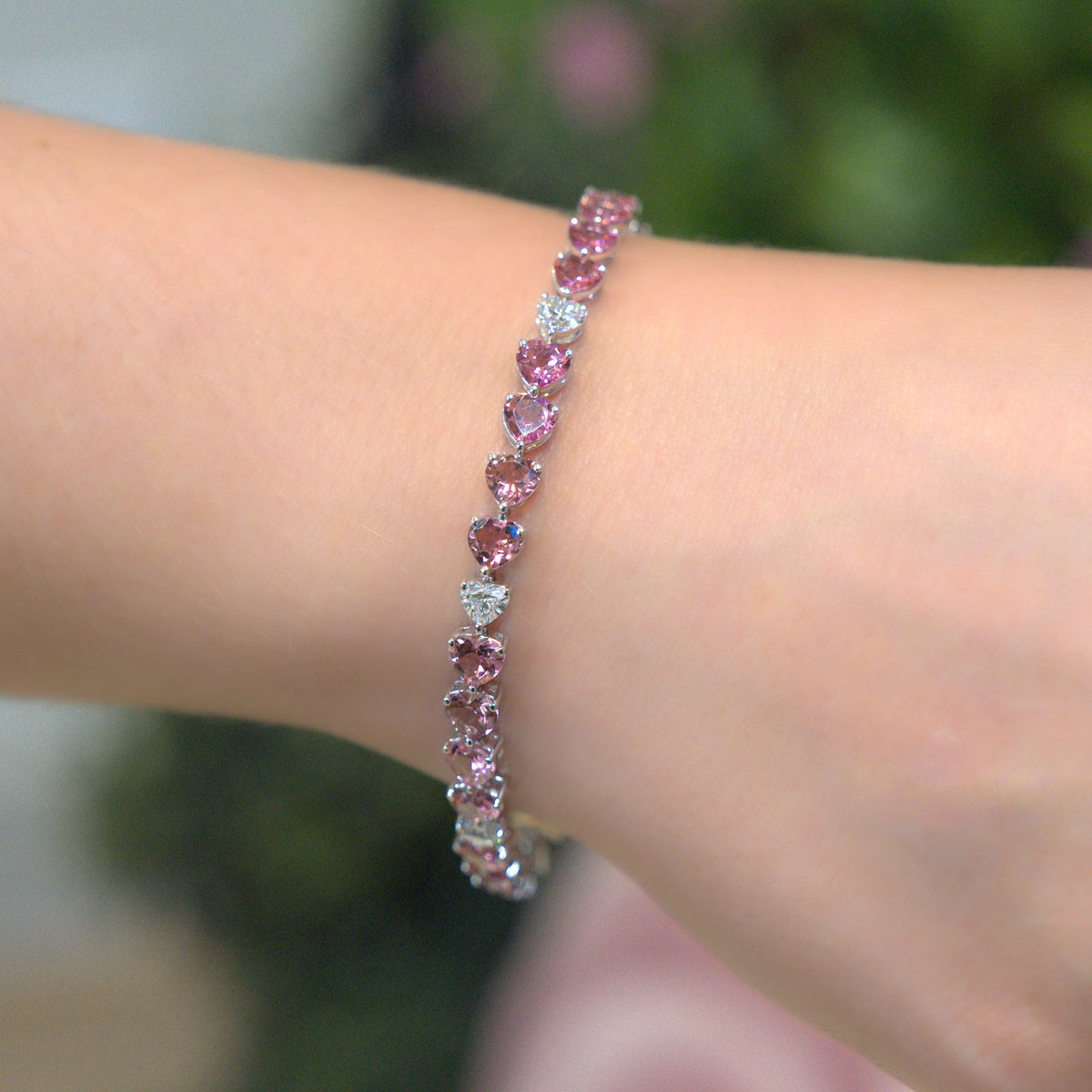 11.00 ctw  Pink Tourmaline & 2.20 ctw Diamond 14kt White Gold Heart Tennis Bracelet