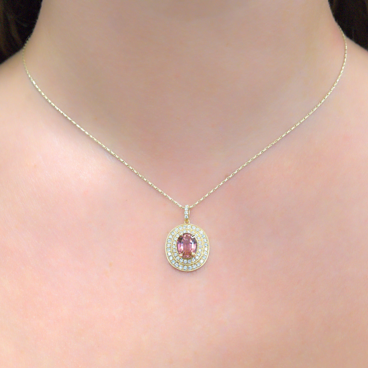 2.09 ct Pink Tourmaline & .60 ctw Diamond Double Halo 14kt Yellow Gold Pendant