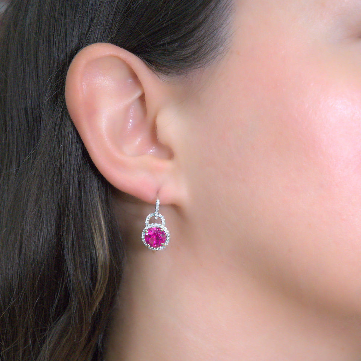 3.60 ctw Pink Tourmaline & .46 Diamond Halo 18kt White Gold Dangle Earrings