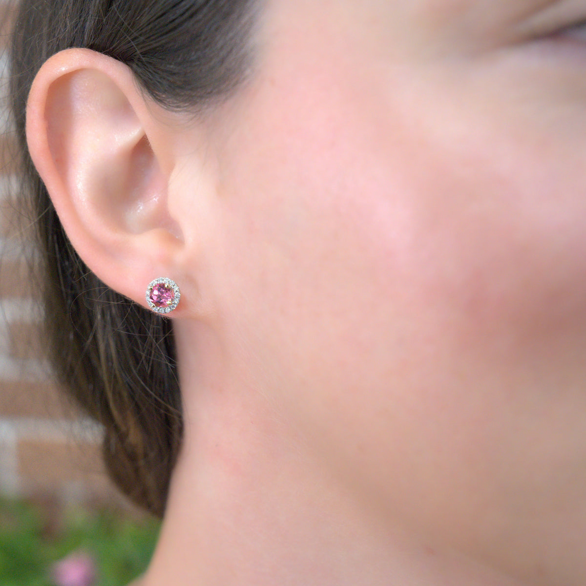 .94 ctw Pink Tourmaline & .20 ctw Diamond Halo 14kt White Gold Stud Earrings