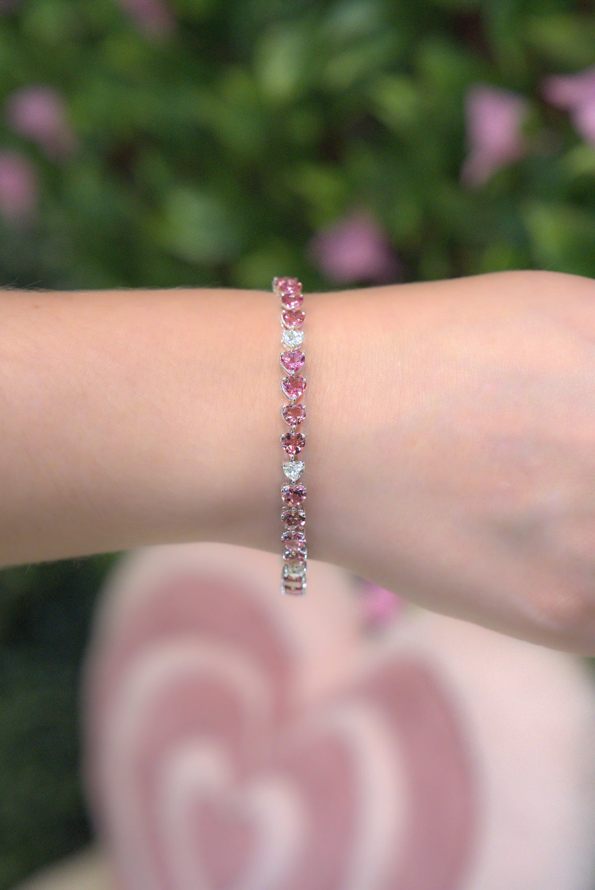 11.00 ctw  Pink Tourmaline & 2.20 ctw Diamond 14kt White Gold Heart Tennis Bracelet