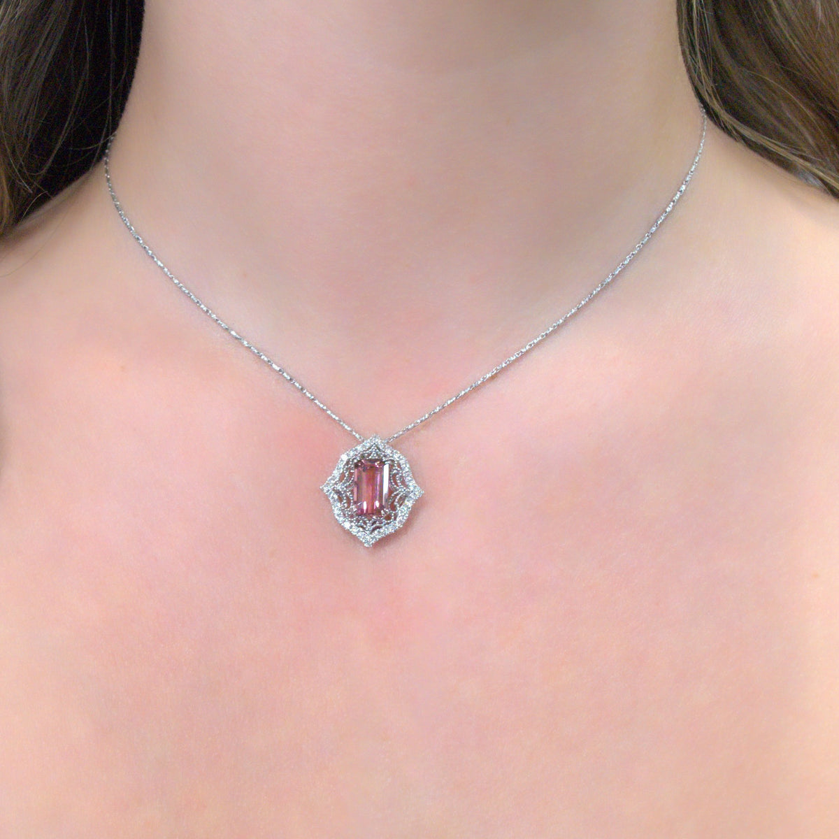 3.36 ct Pink Tourmaline & .49 ctw Diamond Milgrain Halo 14kt White Gold Pendant