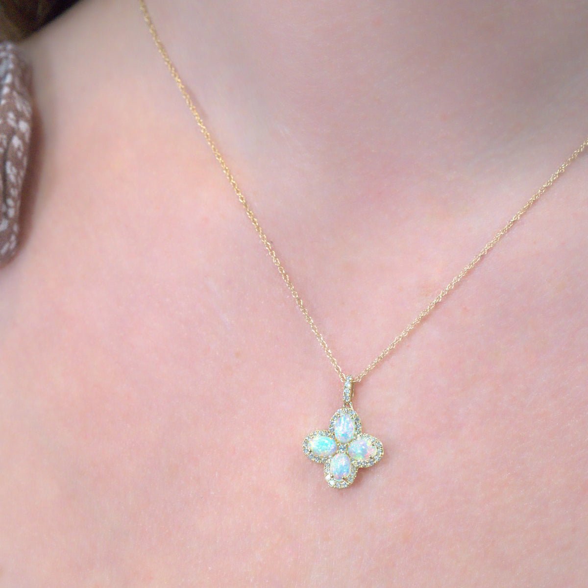 1.25 ctw Opal & .40 ctw Diamond 14k Yellow Gold Flower Pendant with Chain