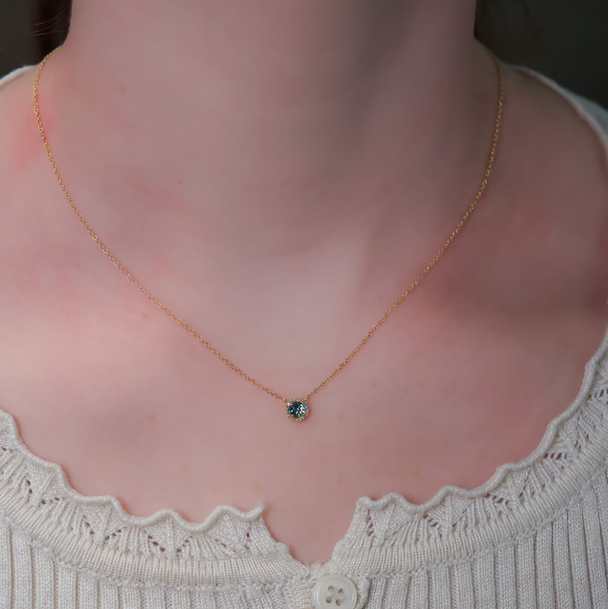 14kt Gold Blue Topaz and Diamond Halo Necklace Yellow,White