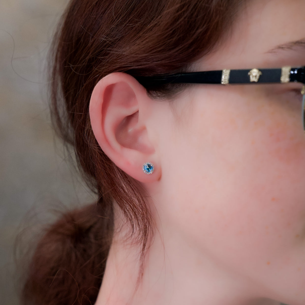 14kt Gold Blue Topaz and Diamond Halo Stud Earrings Yellow,White