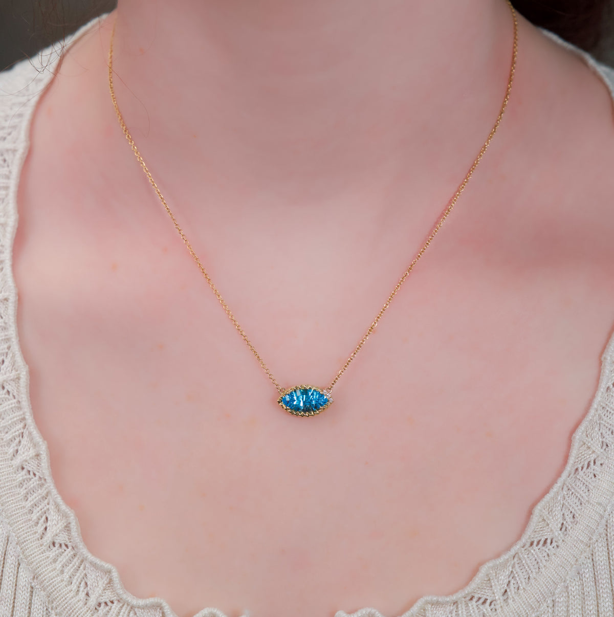 Emilique 14kt Yellow Gold & 2.11 ct Marquise Blue Topaz with Diamond Accent Necklace