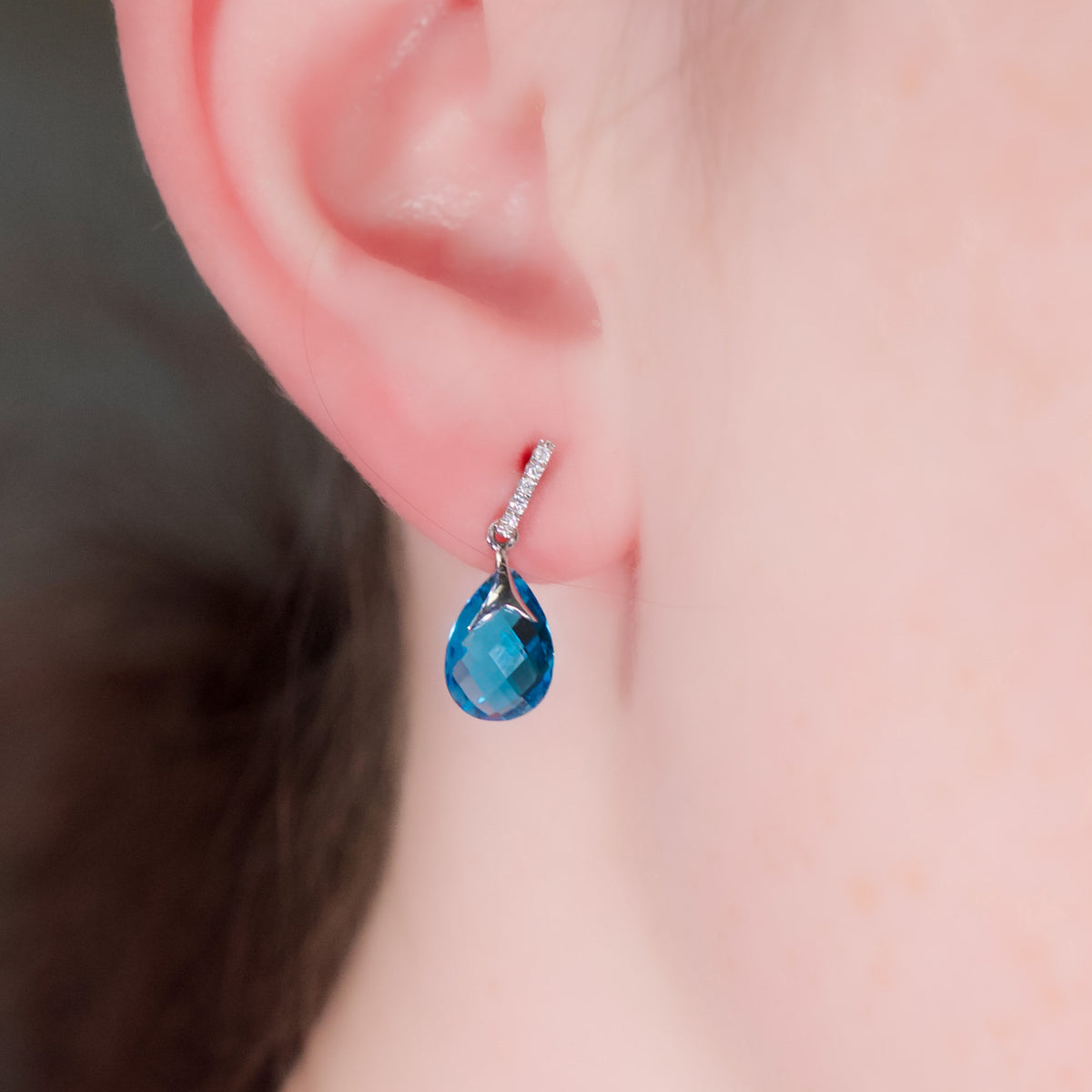 14kt White Gold & 4.50 ctw Briolette Cut Blue Topaz with Diamond Earrings