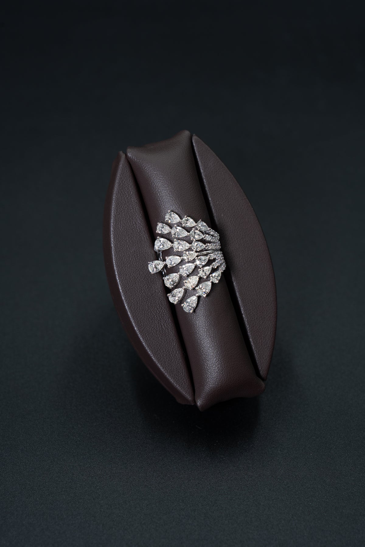 18kt White Gold 5.15 ctw Pear-Shaped & Round Brilliant Diamond Seven-Row Fan Ring 6