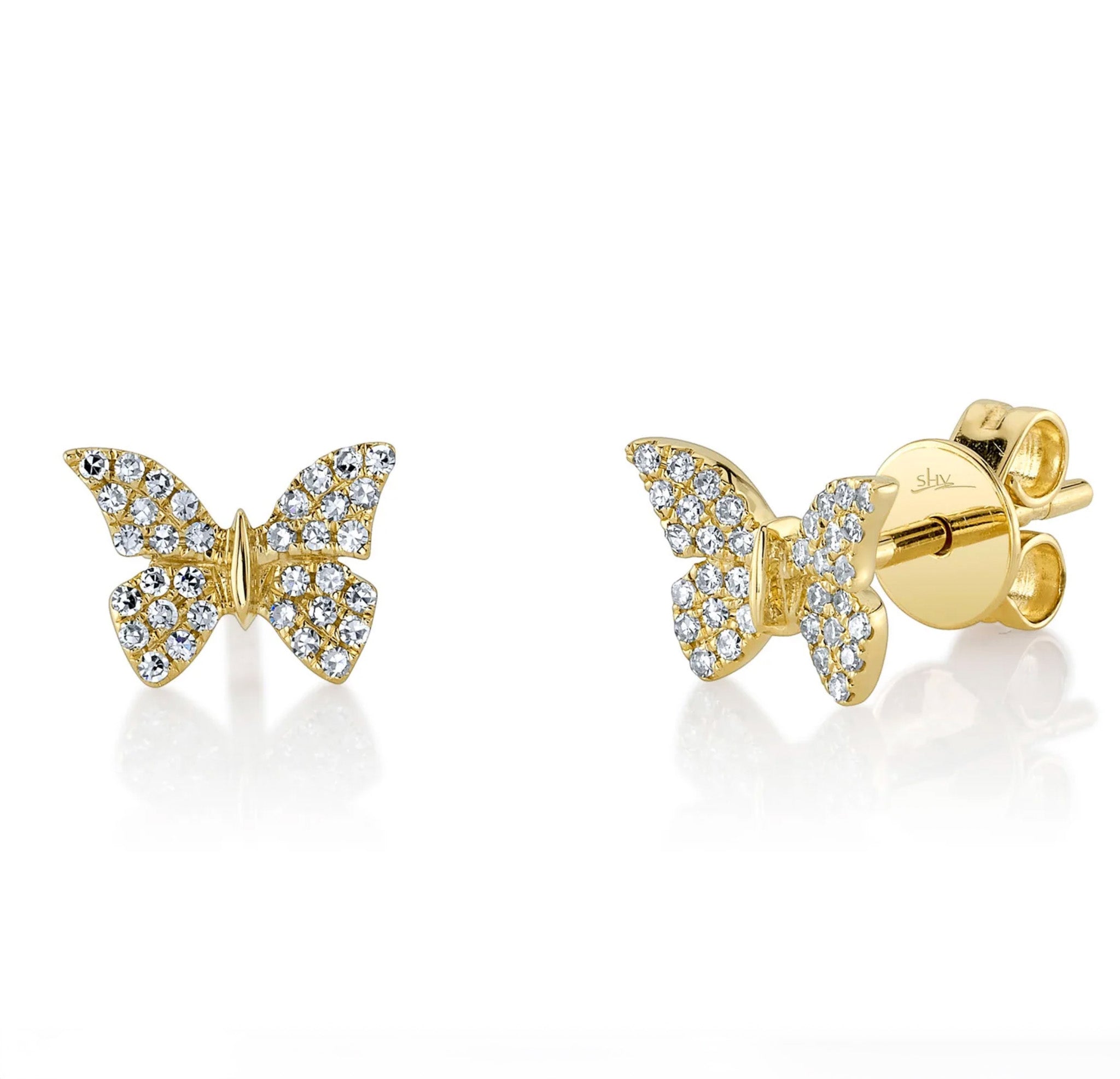 14kt Gold .15 ctw Diamond Pave Butterfly Stud Earrings Gold,White