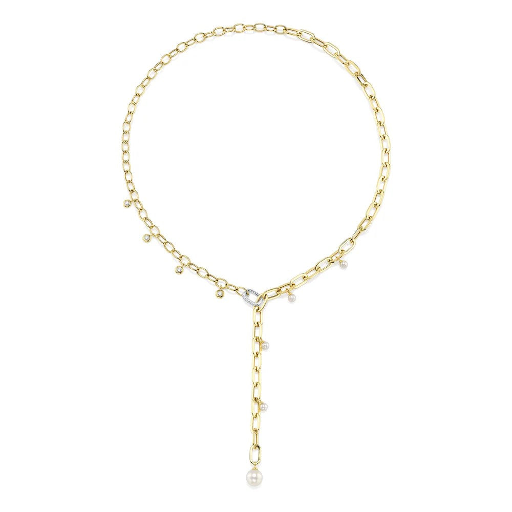 14kt Gold .27 ctw Diamond and Pearl Paperclip Link Necklace