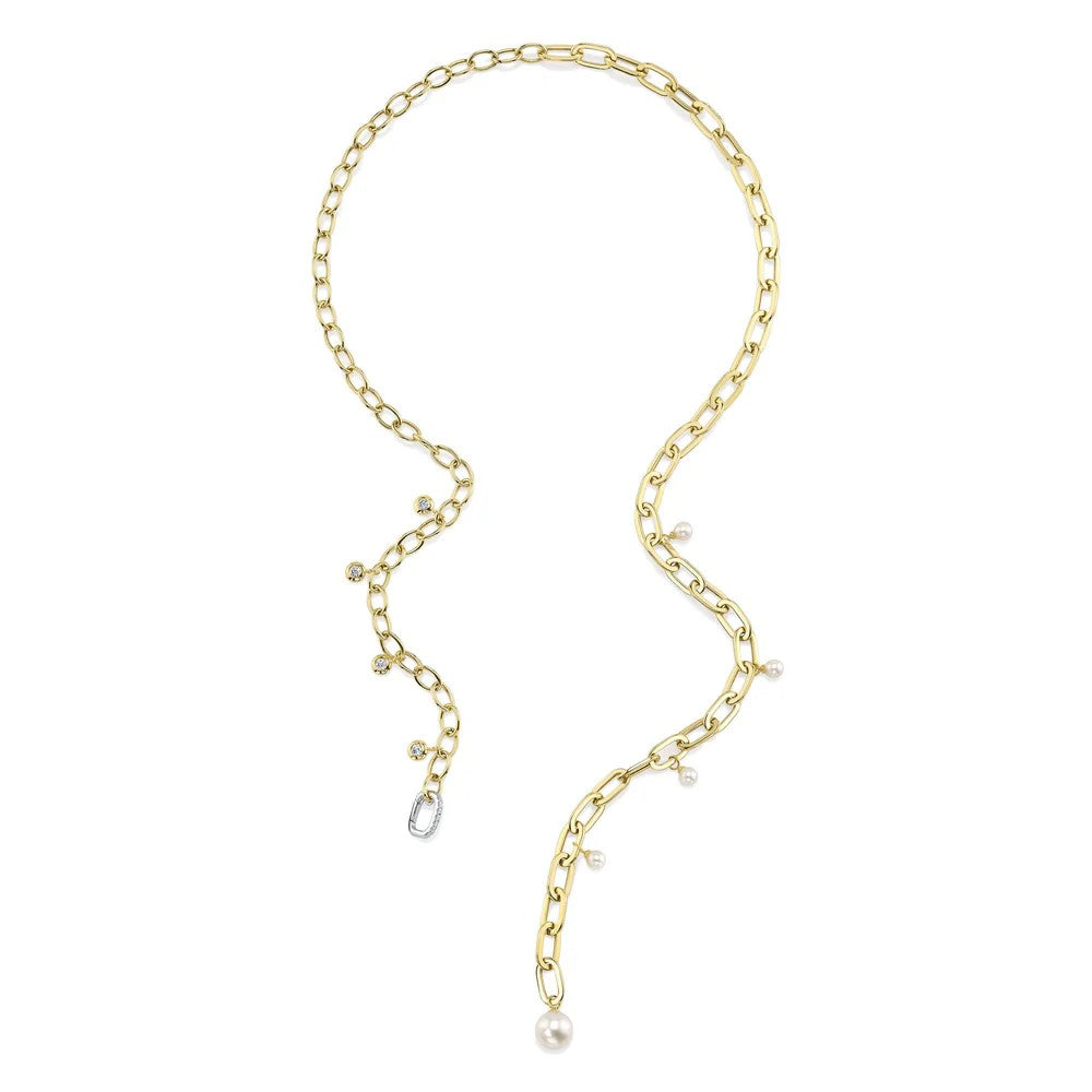 14kt Gold .27 ctw Diamond and Pearl Paperclip Link Necklace