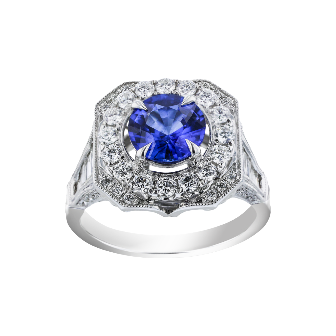 Juleve 18kt White Gold 1.40 ct Sapphire & 1.50 ctw Diamond Halo Ring 5.5,6,6.5,7,7.5